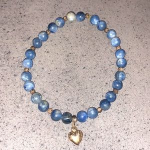 2/$14 Blue agate natural gemstone bead and silver spacer bracelet heart charm